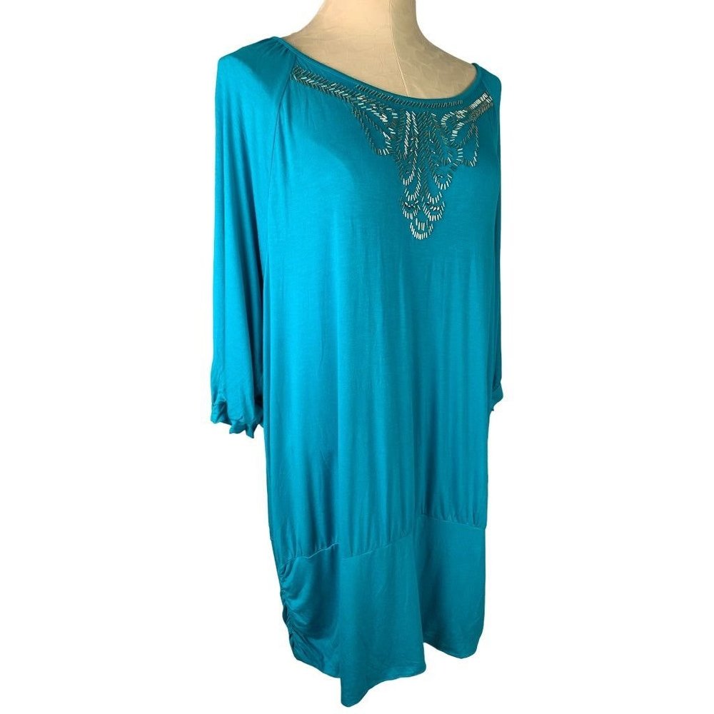 22/24 Lane Bryant Teal Beaded Neckline Soft 3/4 Sleeve Blouson Jersey Knit Top